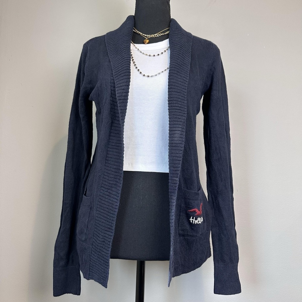 Hollister Sweater Womens Small‎ Navy Shawl Collar Open Front Cardigan Pockets